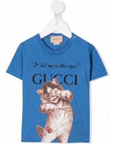 Bavlněné tričko s potiskem s krátkými rukávy Gucci Kids - modrá