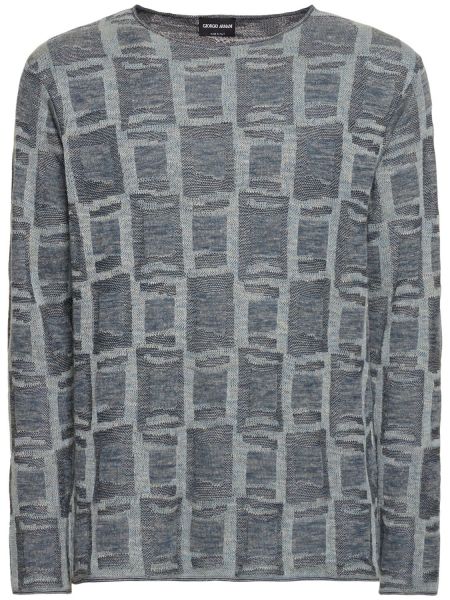 Lniany sweter żakardowy Giorgio Armani niebieski