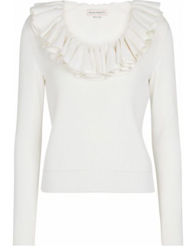 Памучен вълнен пуловер с волани Alexander Mcqueen бяло