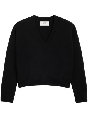 Sweter wełniany z kaszmiru z dekoltem w serek Ami Paris czarny