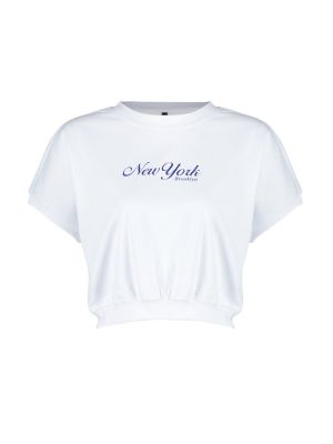 Pletené bavlněné tričko s potiskem Trendyol bílé