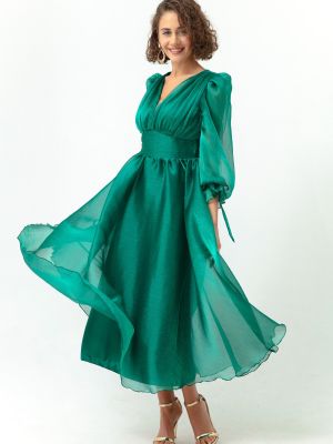 Вечерна рокля с v-образно деколте с буфан ръкави Lafaba зелено