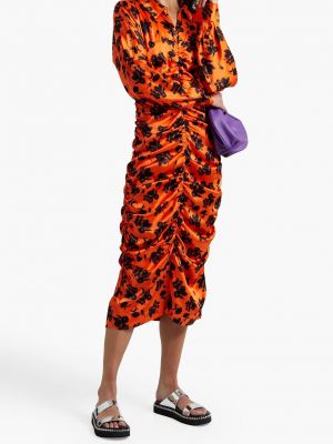 Атласное платье миди в цветочек с принтом Ganni оранжевое