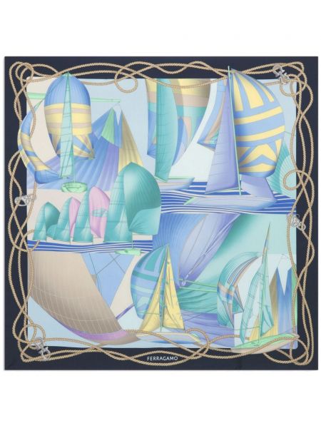 Echarpe en soie à imprimé à motifs abstraits Ferragamo bleu