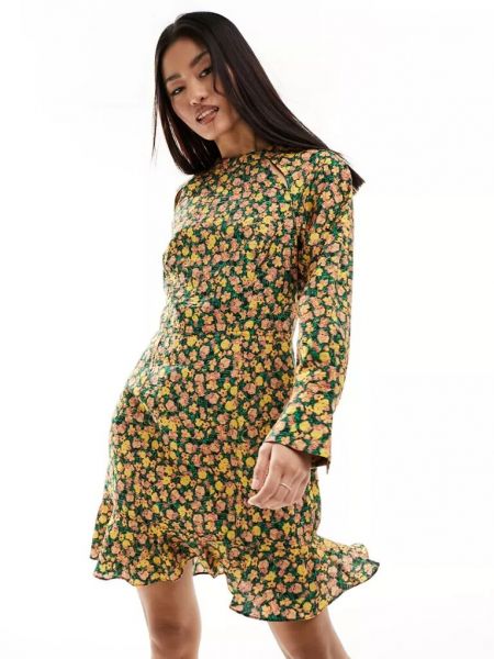 Платье мини в цветочек с принтом с длинным рукавом French Connection зеленое