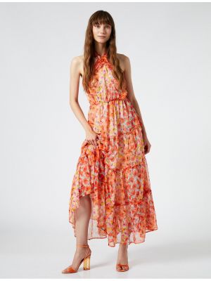 Sukienka długa szyfonowa w kwiatki z falbankami Koton pomarańczowa
