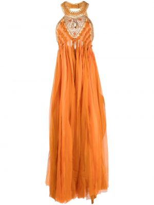 Sukienka długa z frędzli Alberta Ferretti pomarańczowa
