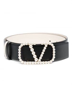 Obojstranný kožený opasok s perlami Valentino Garavani čierna