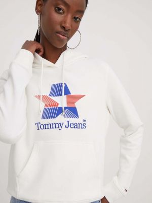 Bluza z kapturem bawełniana z nadrukiem Tommy Jeans beżowa