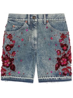 Kratke jeans hlače s cekini s cvetličnim vzorcem Gucci