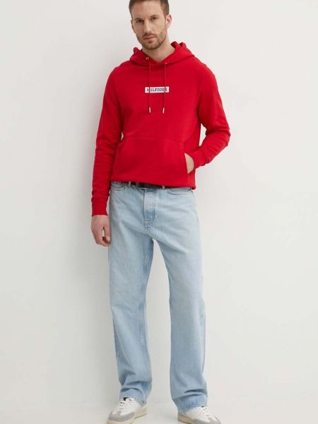 Бавовняний светр з капюшоном з аплікацією Tommy Hilfiger червоний