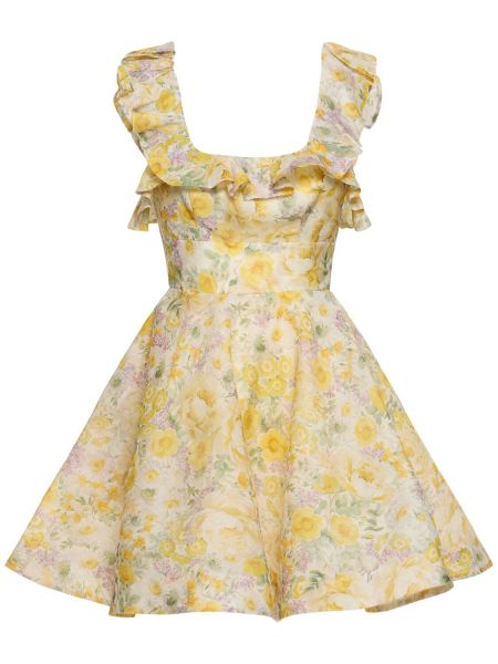 Hedvábné lněné mini šaty s volány Zimmermann žluté