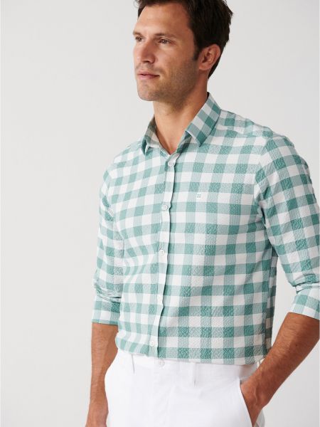 Kockovaná bavlnená priliehavá košeľa Avva zelená