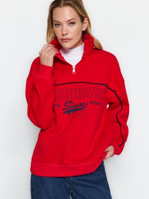 Raštuotas megztas fliso džemperis su užtrauktuku Trendyol raudona