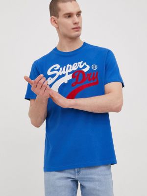 Памучна тениска с дълъг ръкав с апликация Superdry синьо