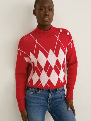 Sweter w kratkę C&a czerwony