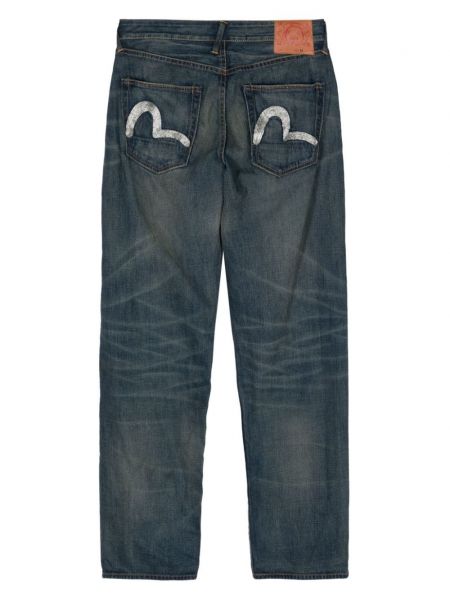 Haftowane proste jeansy Evisu niebieskie