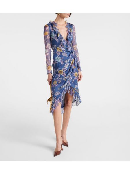 Svileni haljina na omot s cvjetnim printom Etro plava