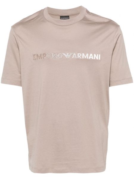 Памучна тениска бродирана Emporio Armani кафяво
