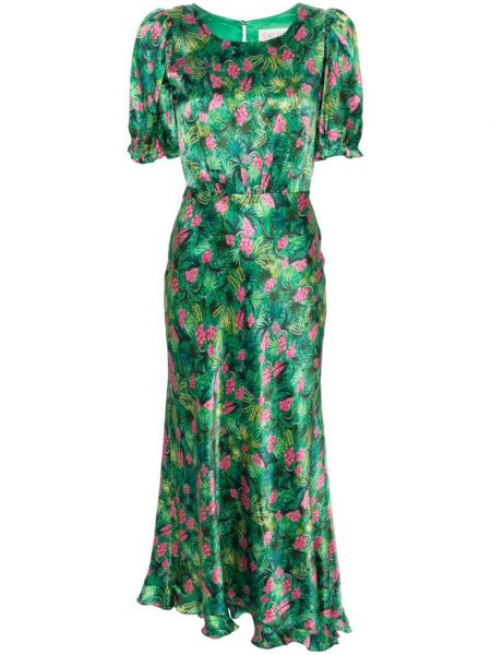 Sukienka midi w kwiatki z nadrukiem Saloni zielony