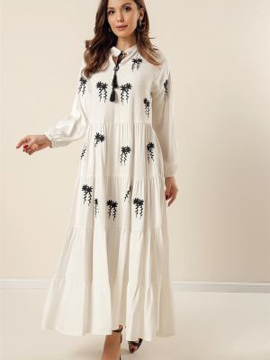Květinové viskózové dlouhé šaty s výšivkou By Saygı