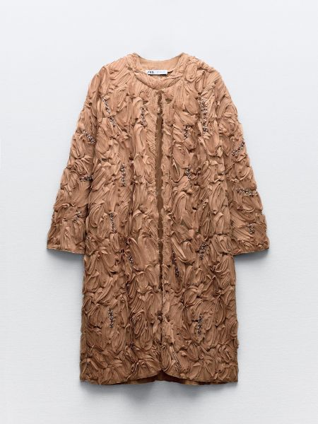 Пальто с жемчугом с бисером Zara коричневое