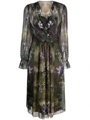 Svilena midi obleka s cvetličnim vzorcem s potiskom Alberta Ferretti zelena