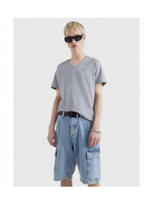 Chemise en jean en coton à col v avec manches courtes Tommy Jeans gris