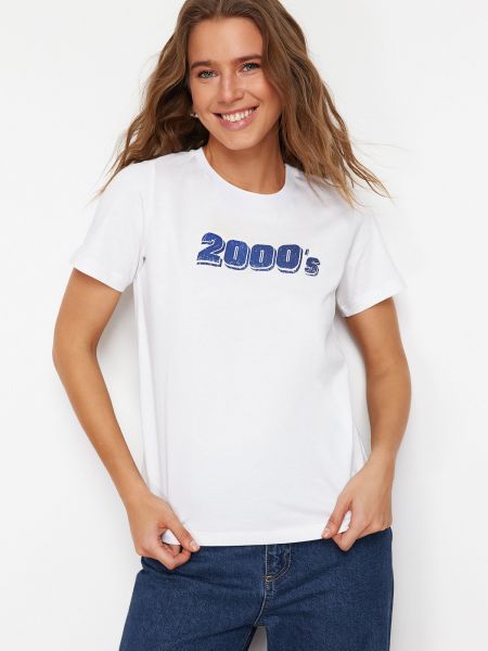 Πλεκτή βαμβακερή βασικό μπλουζάκι με σχέδιο Trendyol λευκό