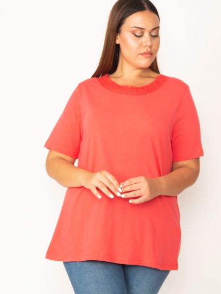 Koszulka bawełniana z krótkim rękawem koronkowa Sans czerwona