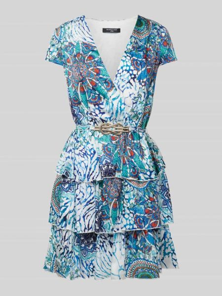 Sukienka mini z nadrukiem z falbankami Marciano Guess niebieska