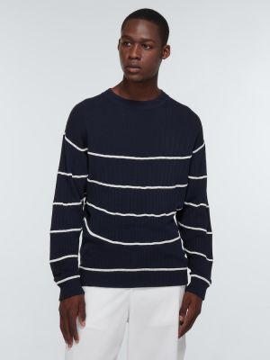 Памучен копринен пуловер на райета Giorgio Armani синьо