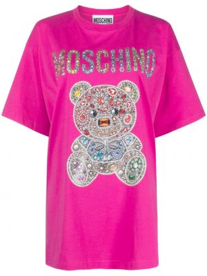 Памучна тениска с принт Moschino розово