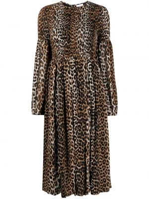 Vestido leopardo con volantes Ganni marrón