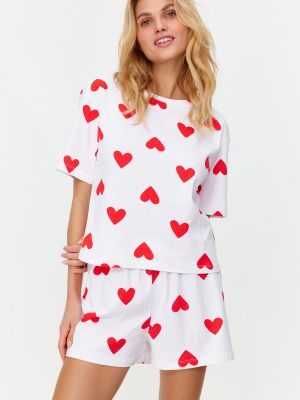 Πλεκτή βαμβακερή πιτζάμας με μοτίβο καρδιά Trendyol λευκό