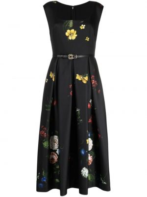 Svilena koktejl obleka s cvetličnim vzorcem Elie Saab črna