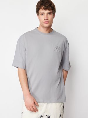 Oversized bombažna polo majica s potiskom Trendyol siva