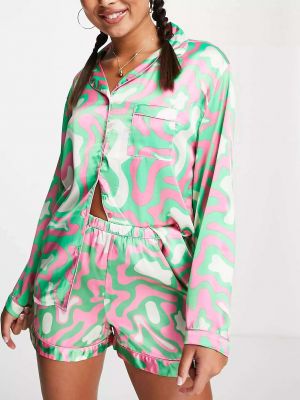 Пижамный комплект с короткими пуговицами и зелено-розовым водоворотным принтом Loungeable