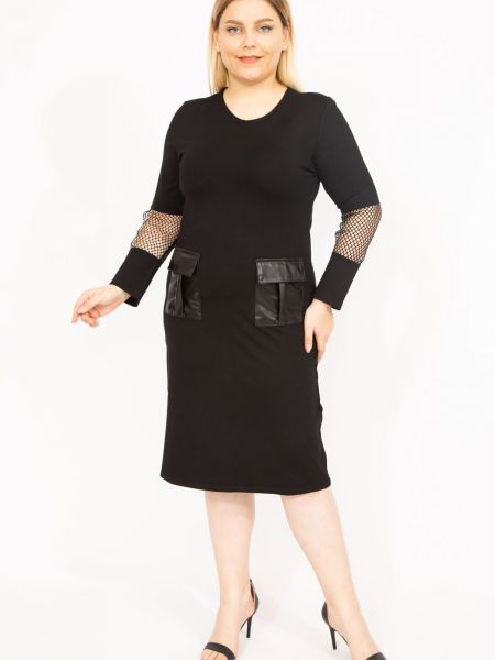 Мрежеста кожена рокля с джобове şans черно