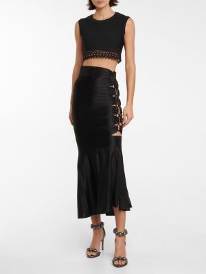 Mrežasta midi suknja s vezicama s čipkom Alaia crna