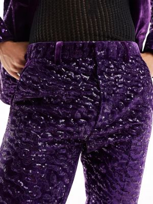 Бархатные брюки скинни с пайетками скинни Asos фиолетовые