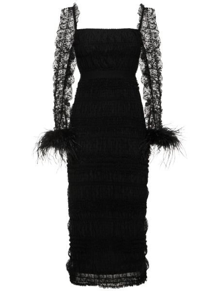 Tylové bodkované midi šaty s perím Self-portrait čierna