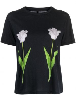 Czarna koszulka bawełniana w kwiatki z nadrukiem Cynthia Rowley