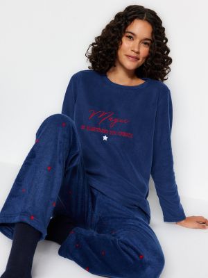 Dzianinowa haftowana piżama polarowa Trendyol niebieska