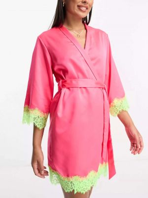 Кружевной атласный халат Loungeable розовый