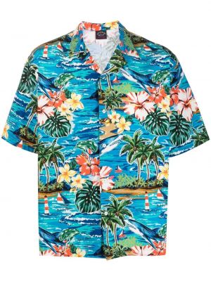 Bombažna srajca s cvetličnim vzorcem s potiskom Paul & Shark modra
