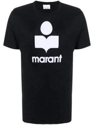 Lněné tričko s potiskem Marant černé
