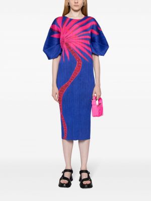 Robe mi-longue à fleurs à imprimé plissé Pleats Please Issey Miyake bleu