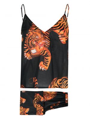 Pamučna pidžama s printom s uzorkom tigra Desmond & Dempsey crna