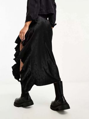 Черная жаккардовая атласная длинная юбка с рюшами Miss Selfridge